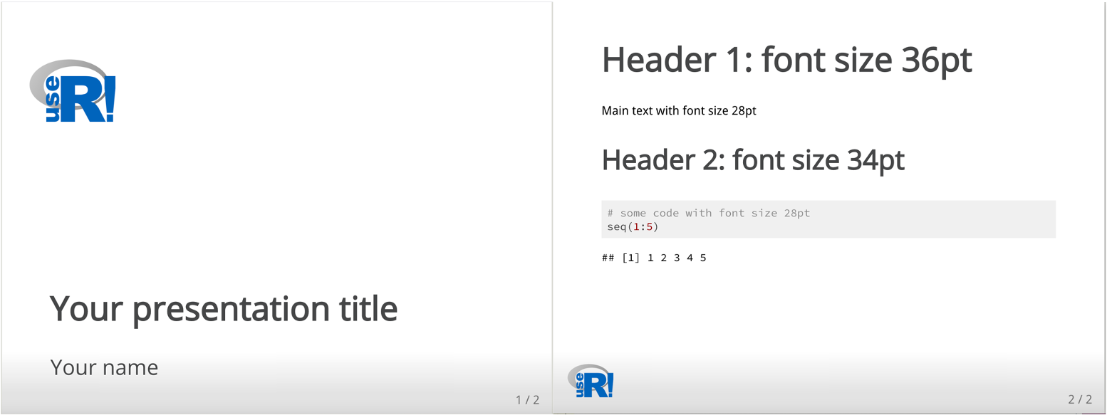 A screen shot of two slides created with our xaringan theme 'useR' as an example of how we implemented the recommendations described above. Slide 1) A title slide with the conference logo in the upper left corner, and the words 'Your presentation title' and 'Your name' in the bottom as the fields to complete by the slides user. Slide 2) A main content slide showing two levels of headers with text font size of 36pt and 34pt respectively, as well as some example body text and a R code chunk with font size of 28pt, the minimal text size recommended above.